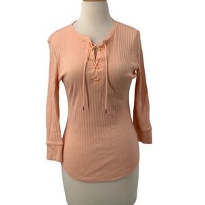 Lauren Ralph Lauren Womens 3/4 Sleeve Pullover Shirt Peach Ribbed Lace Up Size S